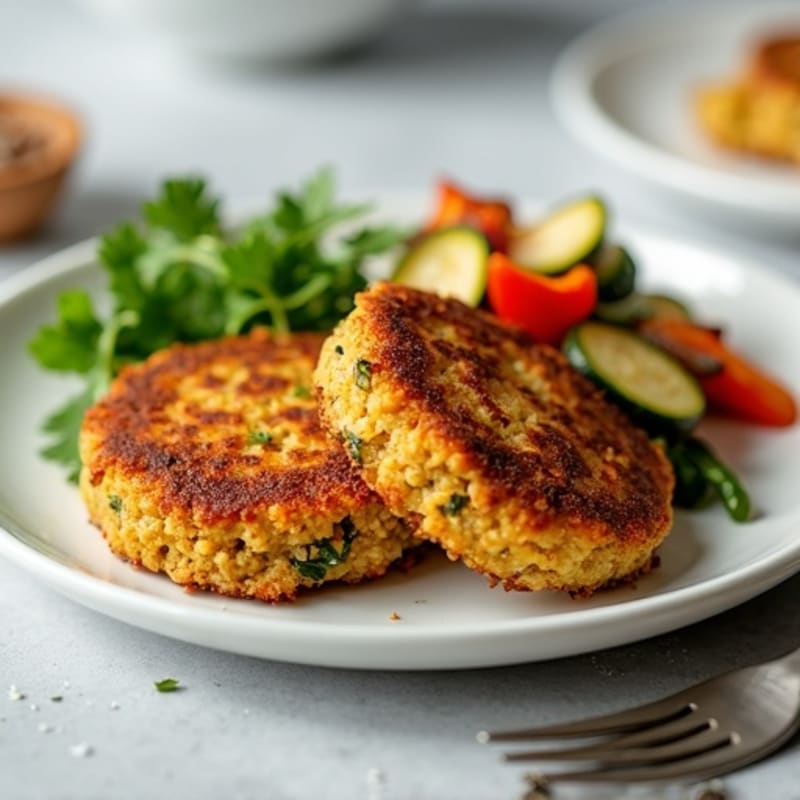 Crispy Lentil Quinoa Cakes with Roasted Vegetables