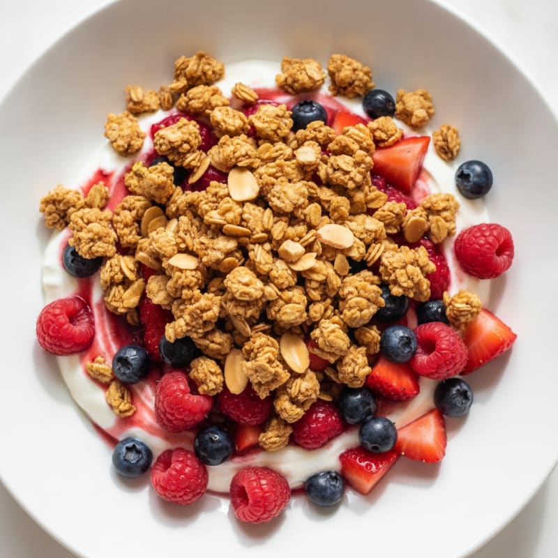 Greek Yogurt Parfait with Crunchy Almond Granola and Mixed Berries