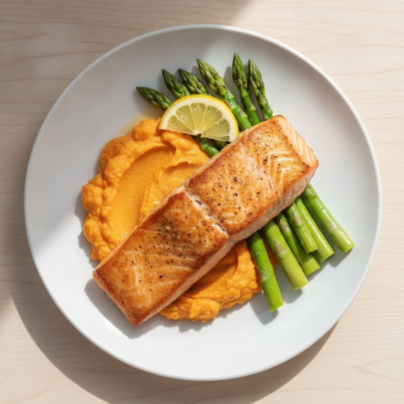 Seared Salmon Fillet with Steamed Asparagus and Sweet Potato Mash