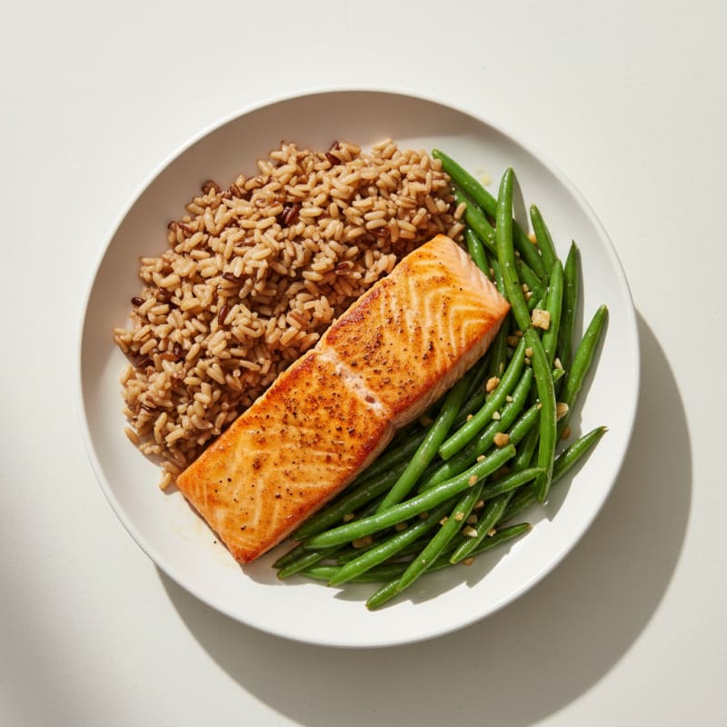Pan-Seared Salmon with Garlic Green Beans and Brown Rice