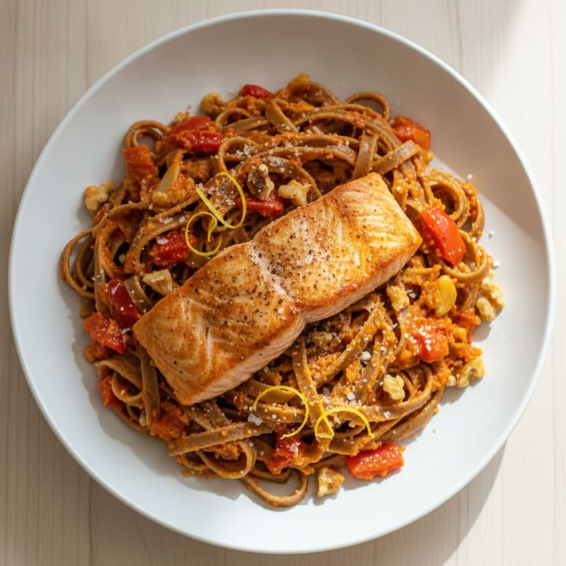 Pan-Seared Salmon with Red Pesto Noodles