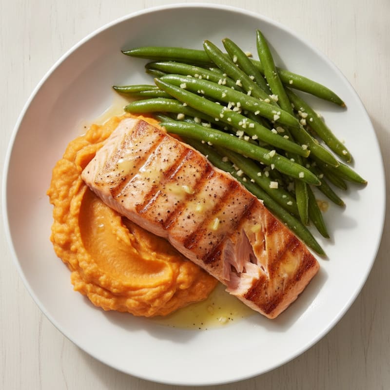 Seared Salmon with Garlic Green Beans and Sweet Potato Mash