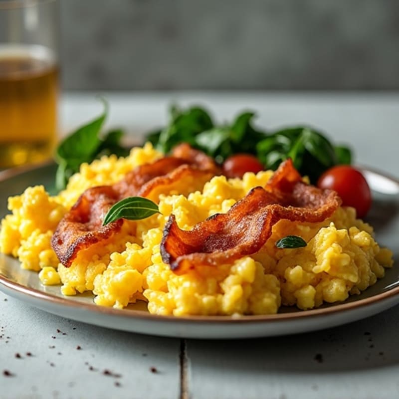 Crispy Turkey Bacon and Fluffy Scrambled Eggs with Sautéed Spinach