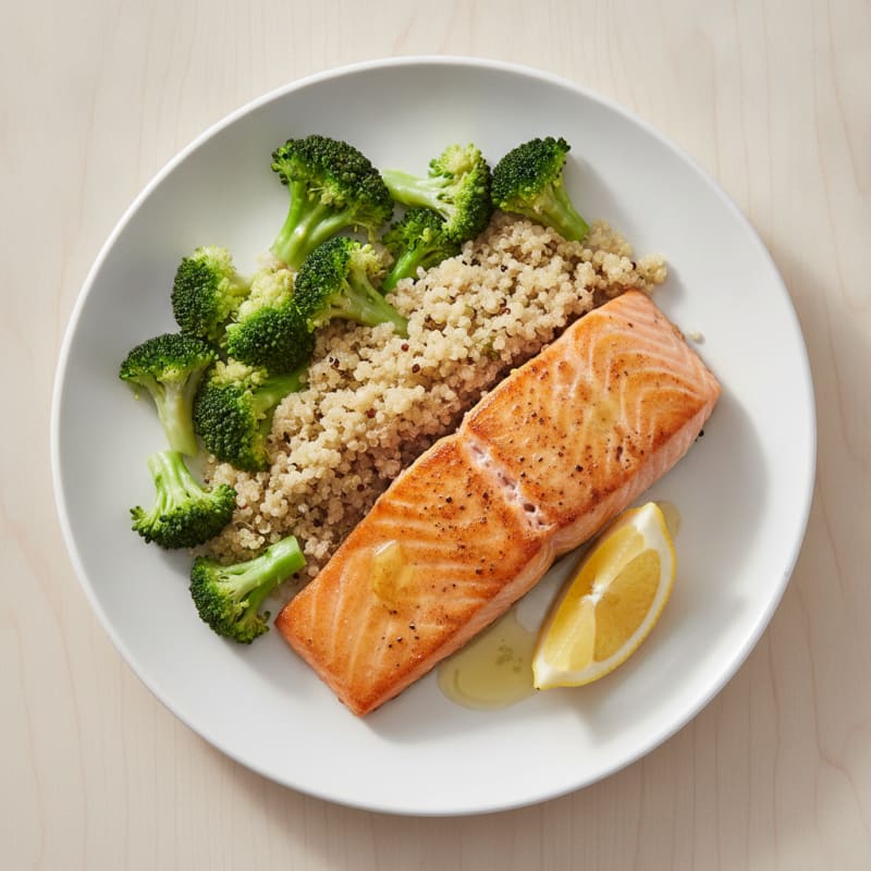 Seared Salmon with Steamed Broccoli and Quinoa