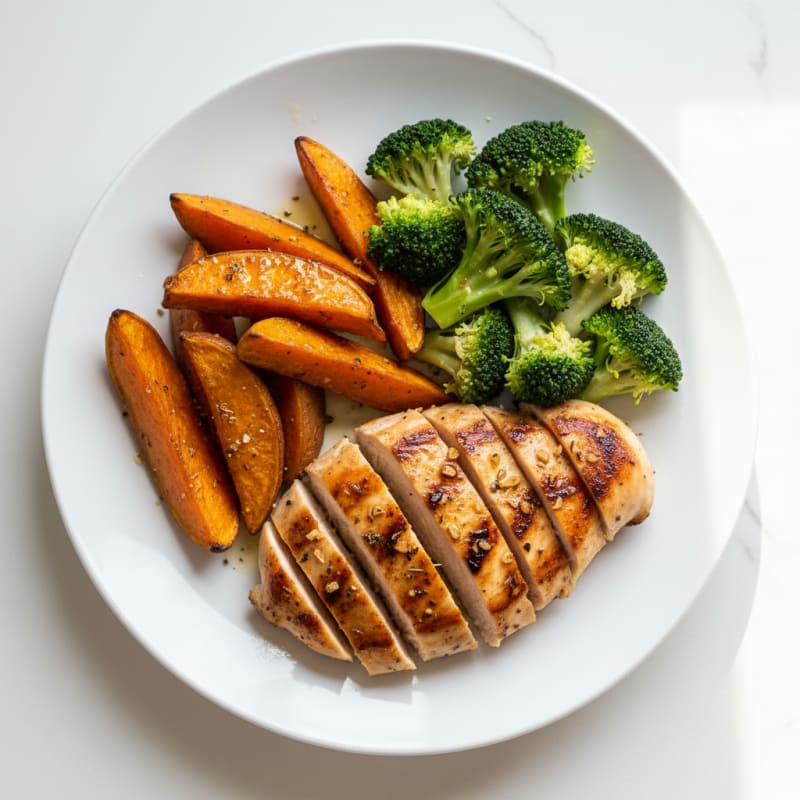 Grilled Chicken Breast with Roasted Sweet Potato and Steamed Broccoli