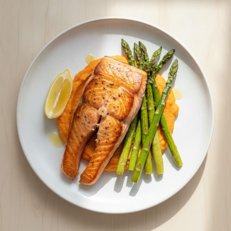 Seared Salmon Fillet with Roasted Asparagus and Sweet Potato Mash
