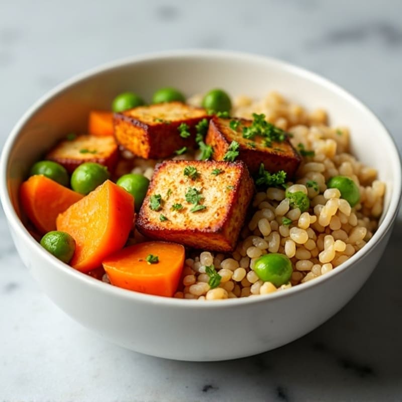 Crispy Baked Tofu with Roasted Sweet Potato Rice Bowl