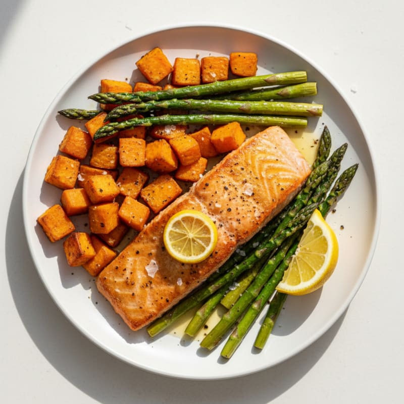 Seared Salmon with Roasted Sweet Potato and Asparagus