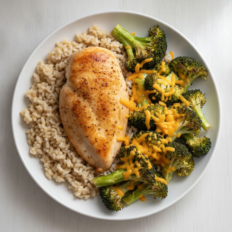 Baked Chicken Breast with Brown Rice and Roasted Broccoli