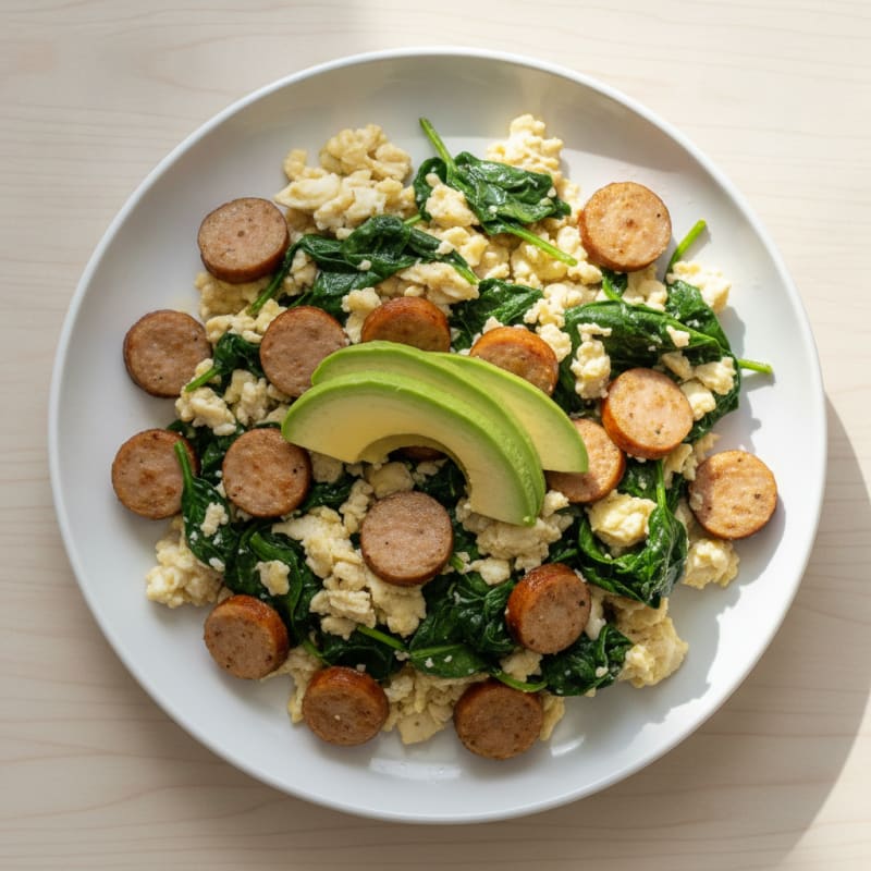 Egg White and Turkey Sausage Scramble with Sautéed Spinach