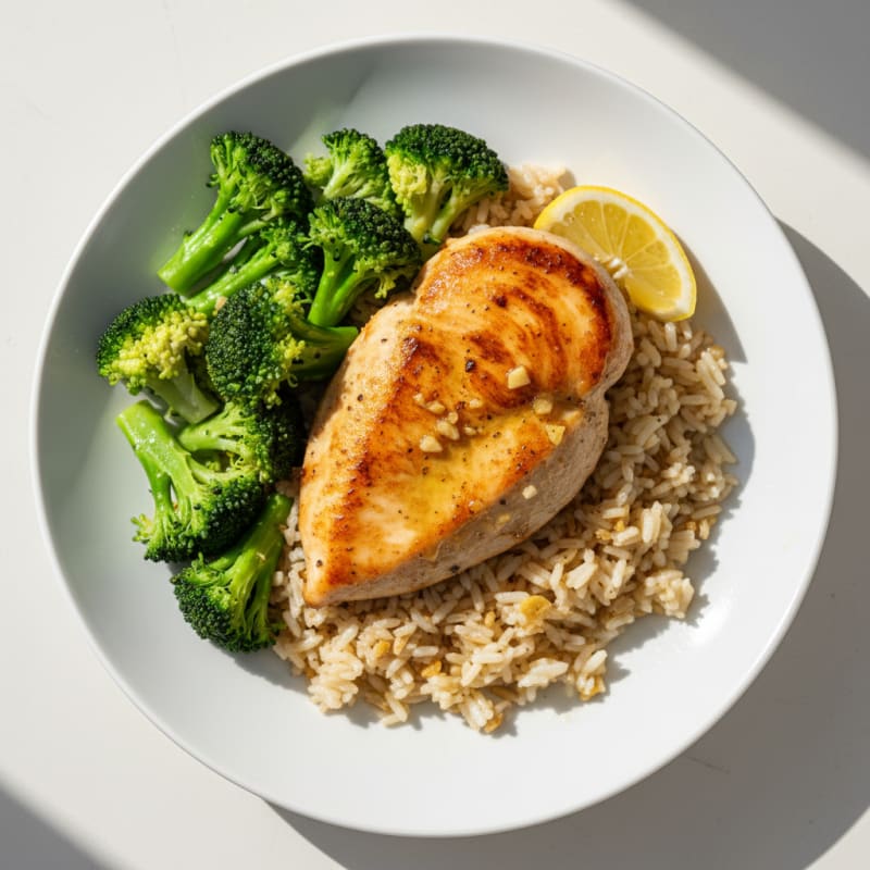Seared Chicken Breast with Garlic Rice and Steamed Broccoli