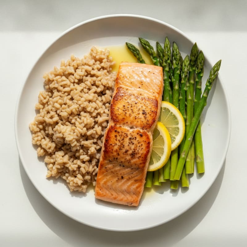Seared Salmon with Steamed Asparagus and Brown Rice