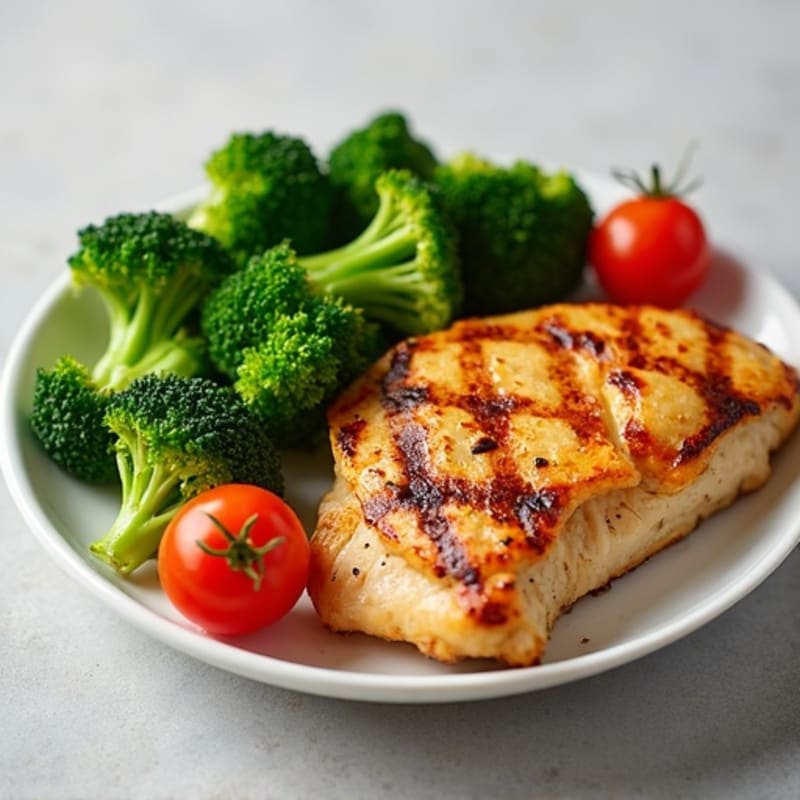 Grilled Chicken Breast with Steamed Broccoli and Cherry Tomatoes