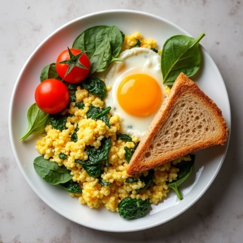 Fluffy Egg Scramble with Fresh Spinach and Tomato