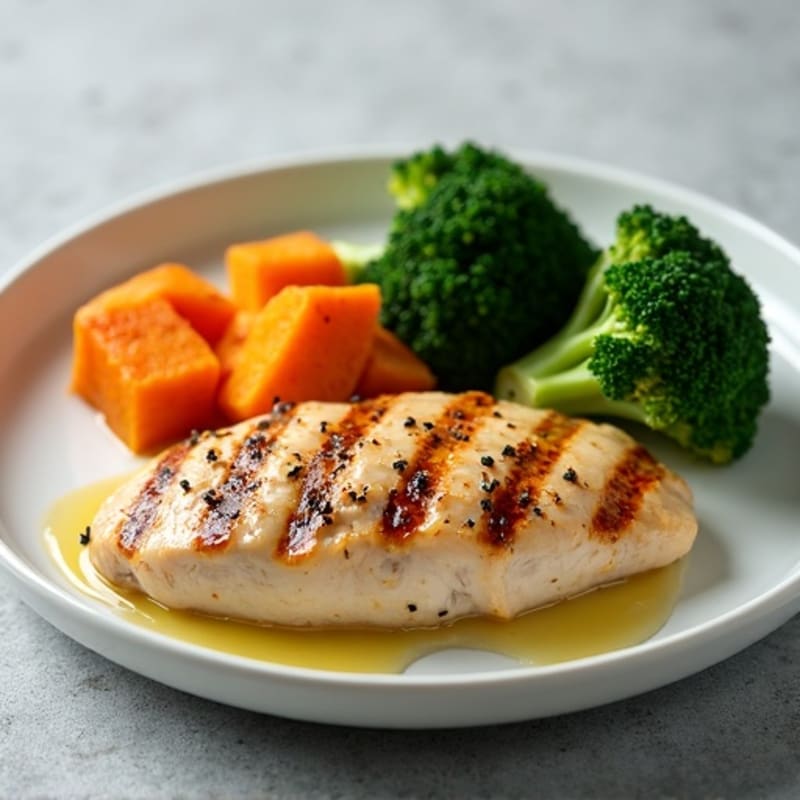 Grilled Chicken Breast with Roasted Sweet Potato and Steamed Broccoli