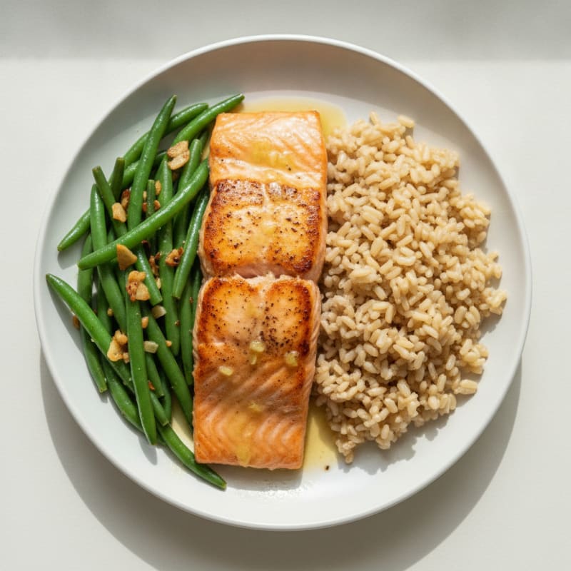 Seared Salmon with Garlic Green Beans and Brown Rice