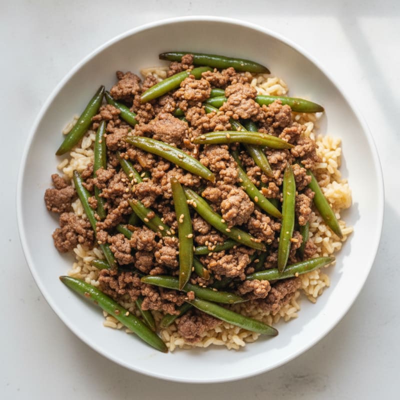 Lean Ground Beef and Green Bean Stir Fry with Brown Rice