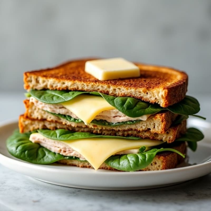 Whole Grain Stacked Grilled Cheese with Lean Turkey and Fresh Spinach