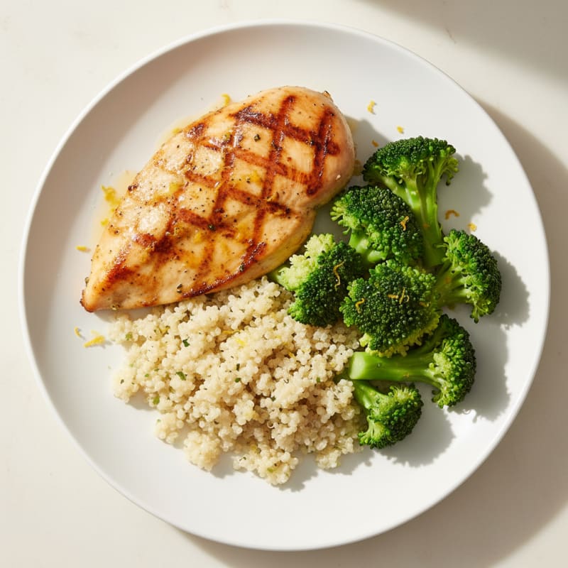 Grilled Chicken Breast with Steamed Broccoli and Quinoa