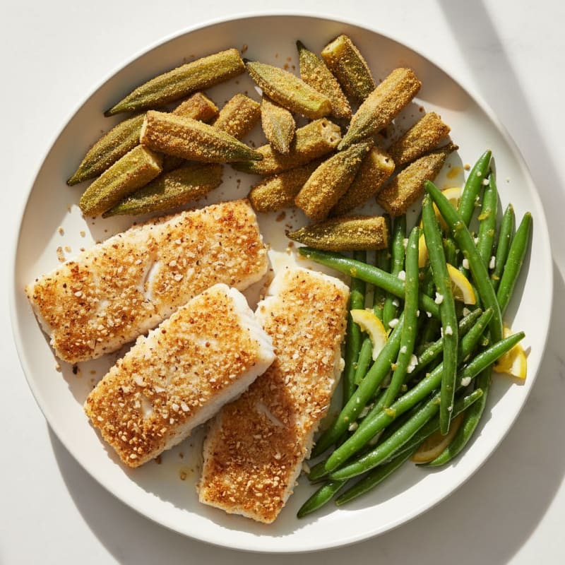Crispy Baked Cod with Fried Okra and Lemon-Garlic Green Beans