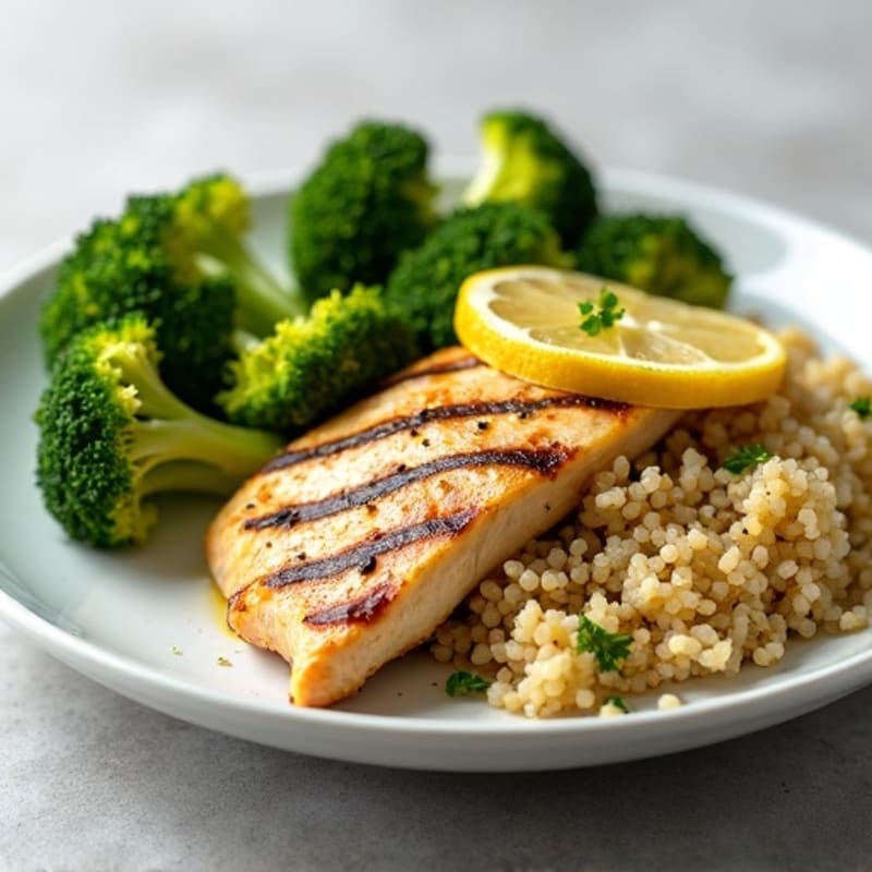 Grilled Lemon Garlic Chicken Breast with Quinoa and Steamed Broccoli