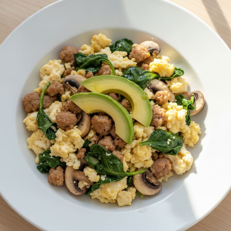 Egg White and Turkey Sausage Scramble with Spinach and Mushrooms
