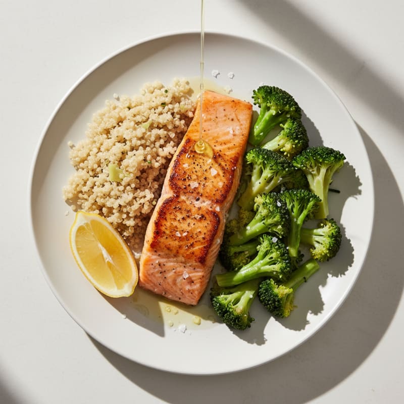 Seared Salmon Filet with Steamed Broccoli and Quinoa