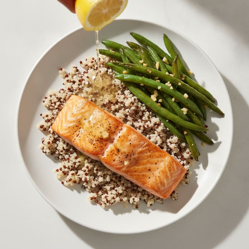 Seared Salmon Fillet with Garlic Green Beans and Quinoa
