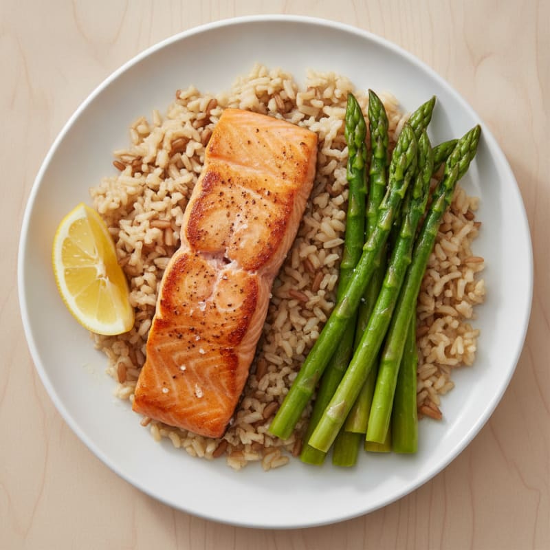 Seared Salmon Fillet with Steamed Asparagus and Brown Rice