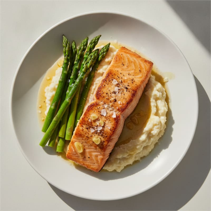 Seared Salmon with Steamed Asparagus and Cauliflower Mash