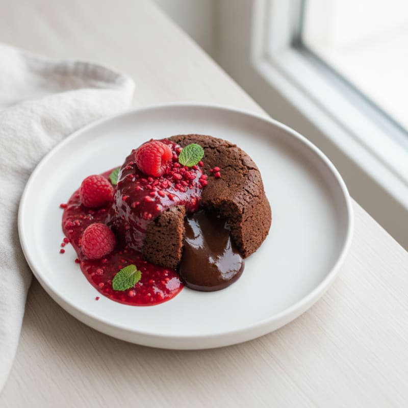 Decadent Chocolate Lava Cake with Raspberry Coulis
