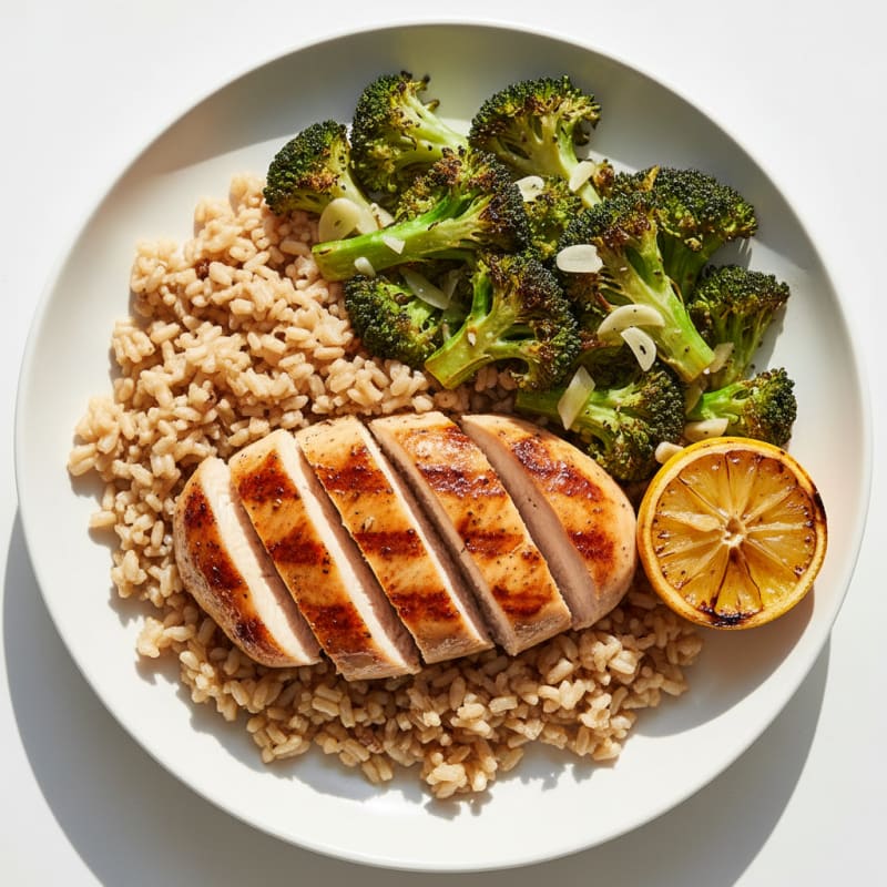 Grilled Chicken Breast with Brown Rice and Roasted Broccoli Salad