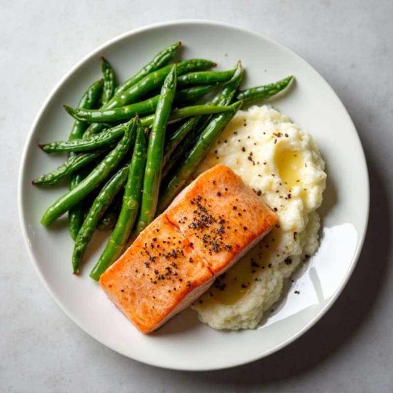 Seared Salmon with Garlic Green Beans and Cauliflower Mash