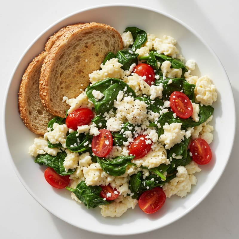 Egg White and Spinach Scramble with Feta and Cherry Tomatoes