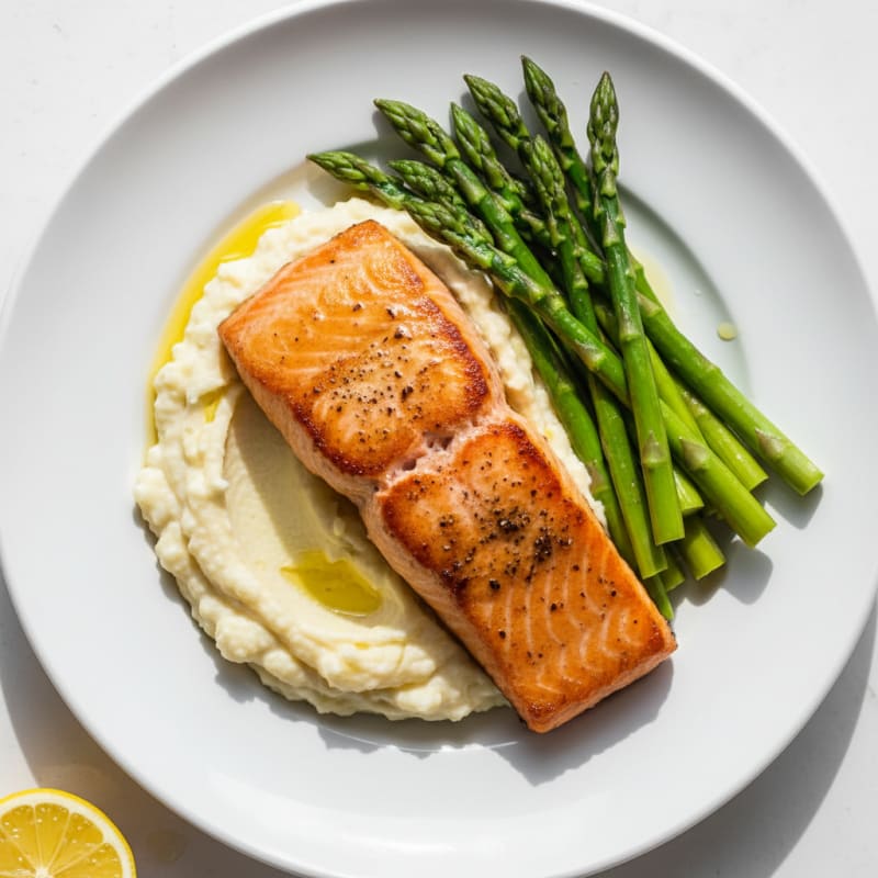 Seared Salmon Fillet with Steamed Asparagus and Garlic Cauliflower Mash