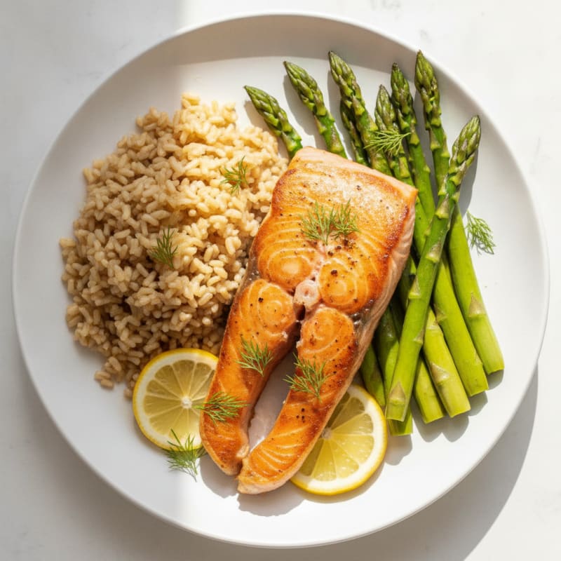 Seared Salmon with Steamed Asparagus and Brown Rice