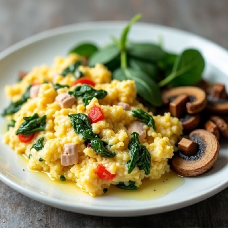 Egg White and Turkey Spinach Scramble with Sautéed Mushrooms