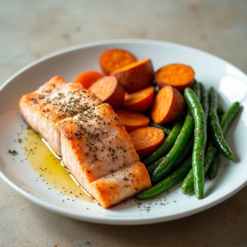 Seared Salmon Fillet with Roasted Sweet Potatoes and Green Beans