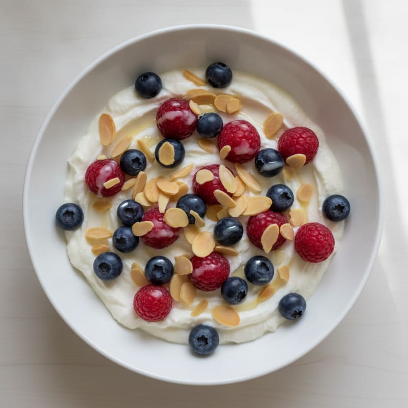 Silky Vanilla Greek Yogurt Protein Bowl with Almonds and Berries