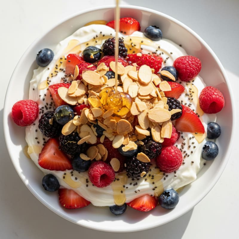 Greek Yogurt Protein Parfait with Mixed Berries and Almonds