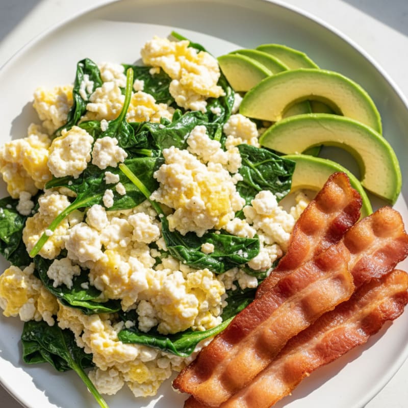 Cottage Cheese Scramble with Spinach and Turkey Bacon