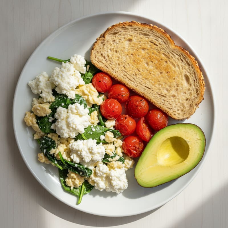 Egg White and Spinach Scramble with Cottage Cheese and Fresh Tomatoes