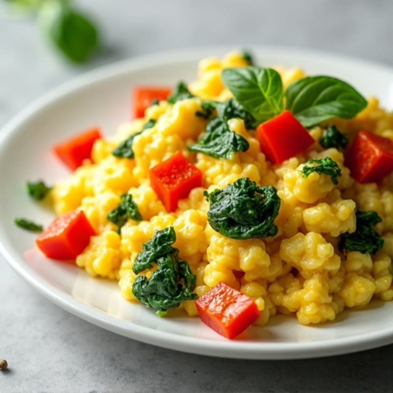 Fluffy Scrambled Eggs with Fresh Spinach and Bell Peppers