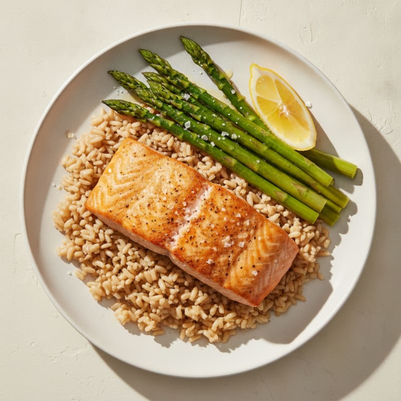 Seared Salmon with Steamed Asparagus and Brown Rice