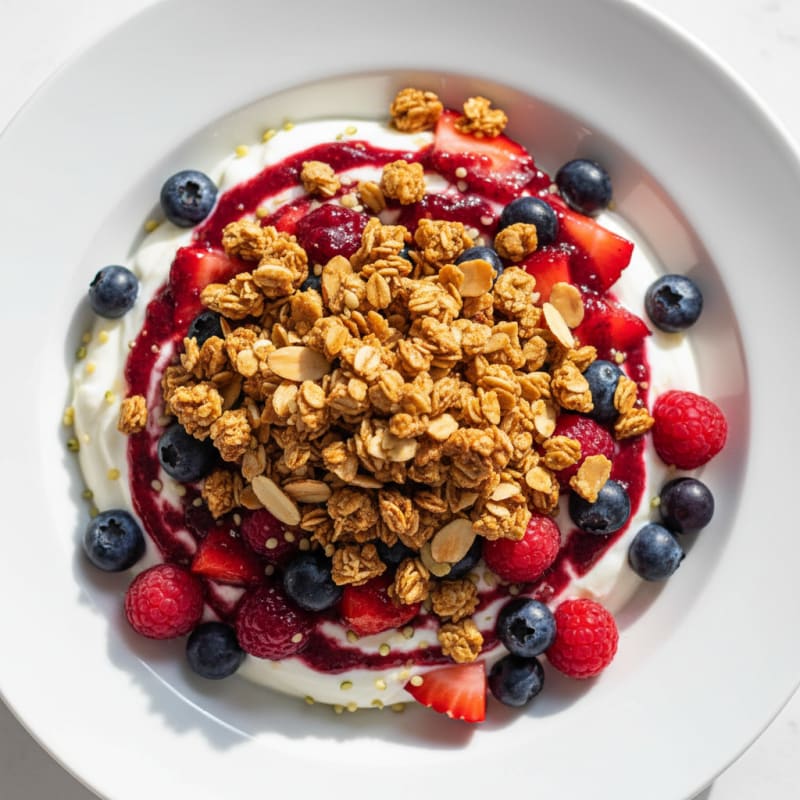Greek Yogurt Parfait with Mixed Berries and Crunchy Almond Granola