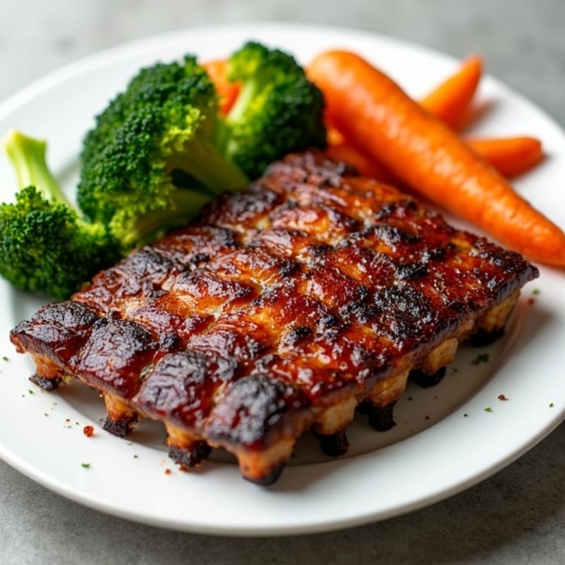Smoked Pork Ribs with Crispy Roasted Broccoli and Carrots