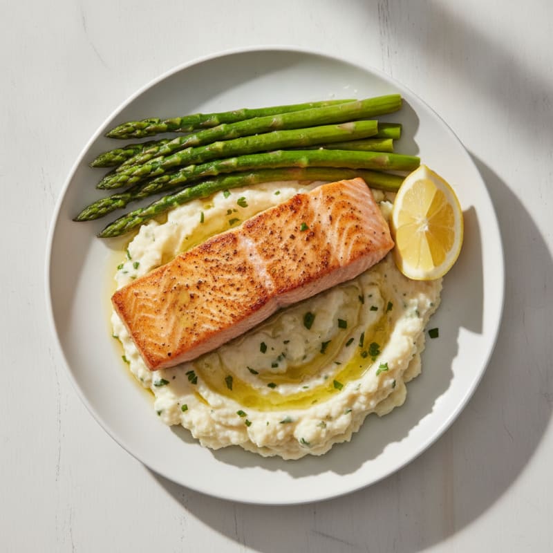 Seared Salmon with Steamed Asparagus and Garlic Mashed Cauliflower