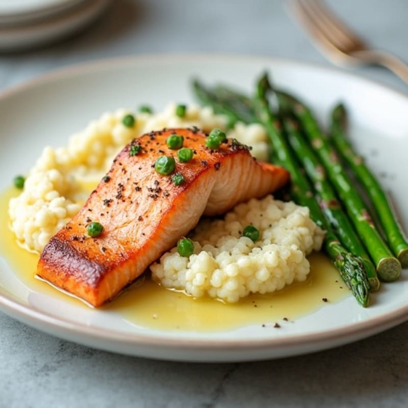 Seared Salmon with Steamed Asparagus and Cauliflower Mash
