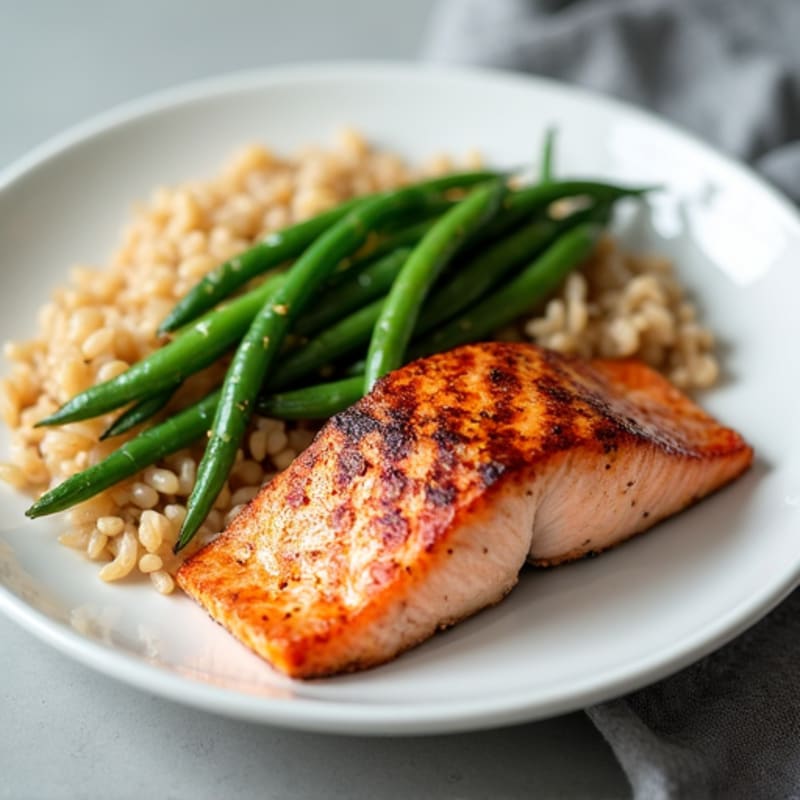 Seared Salmon with Garlic Green Beans and Brown Rice