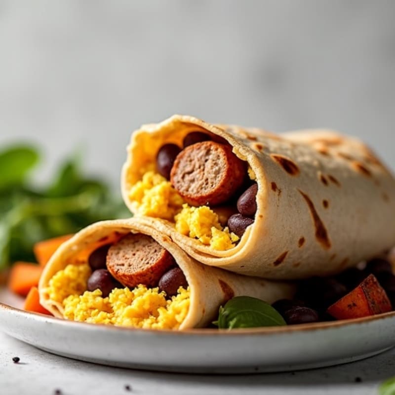 Lean Turkey Sausage and Scrambled Egg Burrito with Crispy Sweet Potatoes and Black Beans